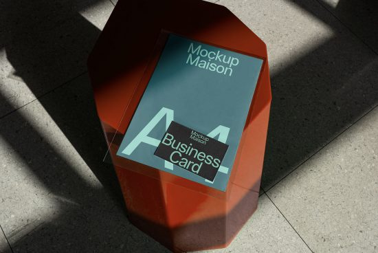 Contemporary business card mockup on a hexagonal pedestal with shadows, ideal for designers looking to showcase branding designs.
