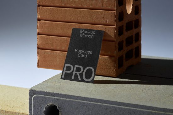 Realistic business card mockup leaning against brick, designer showcase, elegant shadow effect, professional presentation tool.