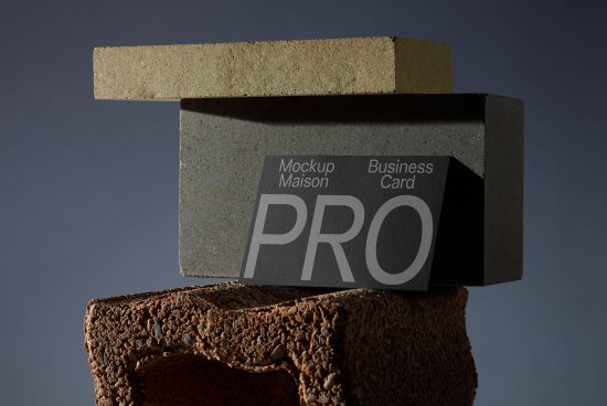 Elegant business card mockup with textured stone cubes, ideal for professional presentation, editable design template for creatives.