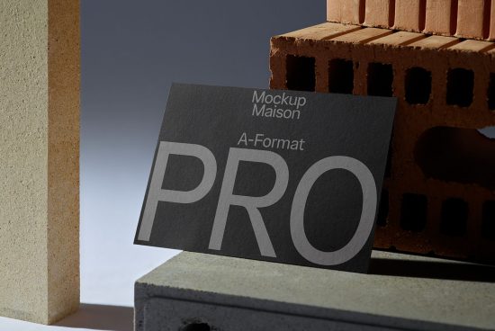 Elegant card mockup with 'PRO' text leaning against bricks, ideal for showcasing professional design presentations on digital asset marketplaces.