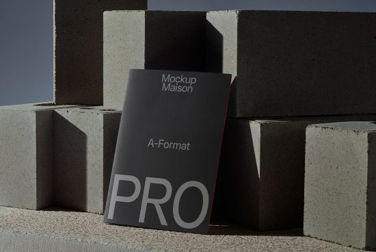 A-Format magazine mockup leaning on concrete blocks with dynamic shadows, ideal for presentation, graphic designers, print.