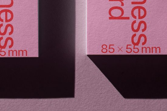 Business card mockup with shadow overlay, pink textured paper, and bold red typography indicating size dimensions, perfect for designers' presentations.