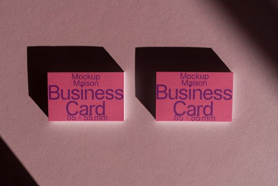 Two pink business card mockups with elegant shadows on a textured surface, ideal for professional branding presentation.