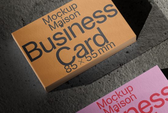 Realistic business card mockup on textured background showcasing design space for professional branding, ideal for graphic designers and mockup templates.