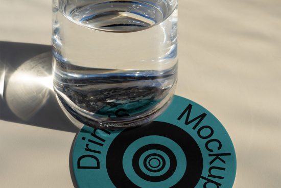 Glass of water on coaster with 'Drink Mockup' text, ideal for showcasing drinkware designs. Shadow play adds visual interest.