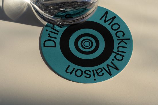 Coaster mockup with a glass on it displaying 'Drink Mockups' design in a realistic shadowed setting, perfect for product presentations.