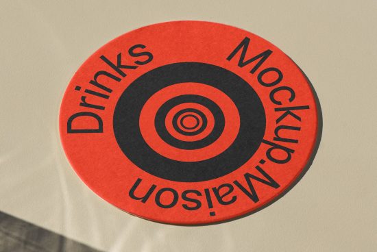Round drinks coaster mockup with target design and text in red and black, on a textured surface, ideal for product presentation.