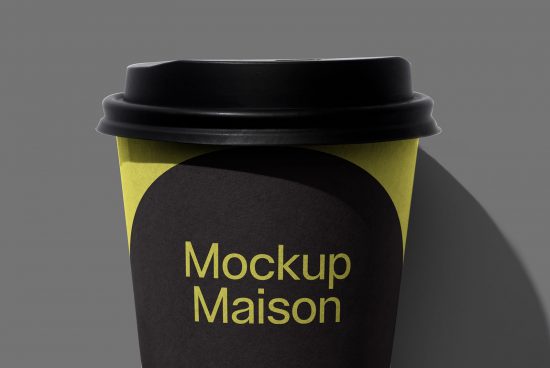 Close-up of a paper coffee cup mockup with black lid and stylish yellow accent design on a gray background, suitable for branding presentations.