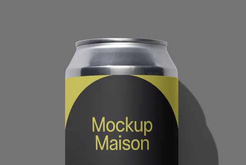 Product mockup depicting a soda can with modern design label, ideal for showcasing branding in graphics and templates category.