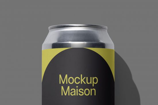Product mockup depicting a soda can with modern design label, ideal for showcasing branding in graphics and templates category.