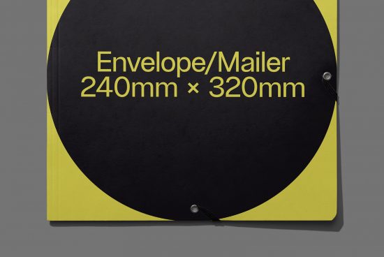 Black envelope mockup with yellow border, 240mm x 320mm, design presentation, stationery template for designers, realistic texture, string closure.