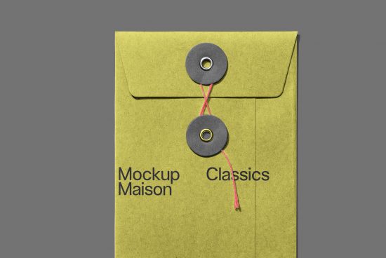 Elegant green paper envelope mockup with string closure and black sealing disks, for packaging design presentations, Mockup Maison Classics.