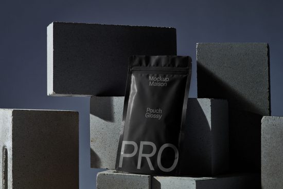 Professional black pouch packaging mockup with a glossy finish surrounded by geometric concrete blocks, ideal for product design presentations.