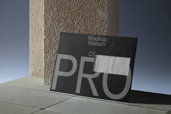 Elegant professional mockup leaning against textured wall showcasing branding, realistic shadows, perfect for graphic design portfolio presentation.