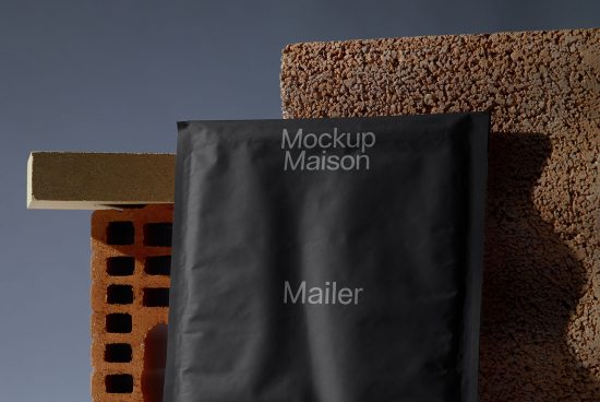 Photo of a realistic packaging mockup with building materials in the background, perfect for displaying branding designs.