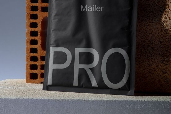 Mockup of a black mailer bag with 'PRO' branding set against a textured backdrop, ideal for presentations and design showcases.