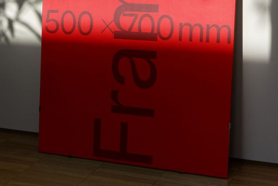 Red banner mockup with dimensions 500x700mm in an indoor setting, realistic shadows, perfect for presentation, graphics display, and advertising design.