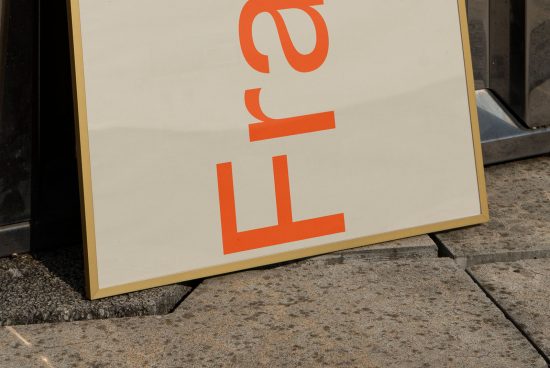 Close-up of a modern typographic poster mockup with bold orange font on a pavement, ideal for graphic design and branding.