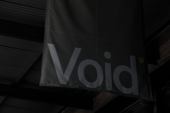 Dark banner mockup hanging on a building with bold 'Void' lettering, ideal for branding, graphic design display, and font showcasing.