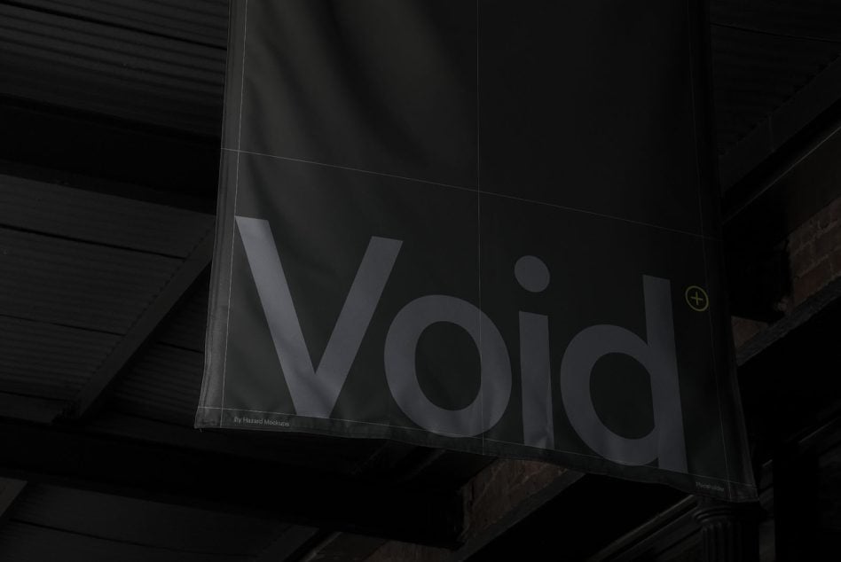 Hanging storefront sign mockup showing large gray letters on dark glass with urban architectural backdrop