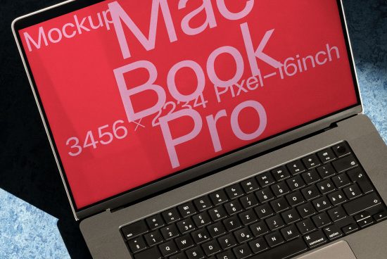 Laptop screen mockup in high resolution with editable display showcasing MacBook Pro text and pixel dimensions, ideal for design presentations.