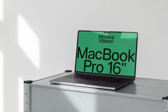 Laptop mockup on metal case in a minimalistic setup, showcasing screen for design presentation, ideal for templates category in digital assets marketplace.