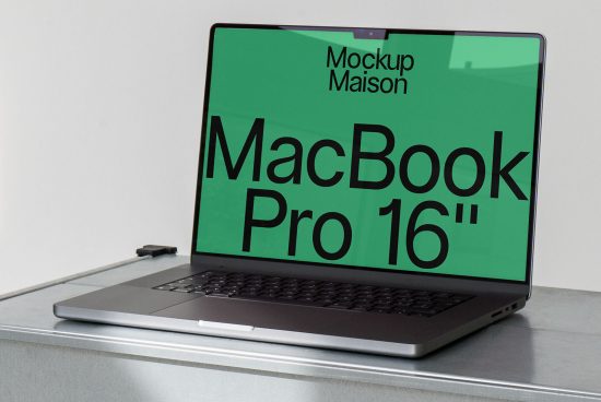 Laptop mockup on desk displaying screen with text, ideal for digital asset designers, showcases MacBook Pro 16 inch design.