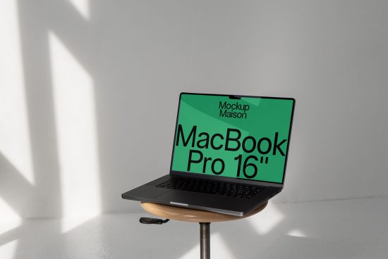 Laptop mockup on wood stand in natural light for showcasing design work. Ideal for designers to present digital assets, graphics, templates.