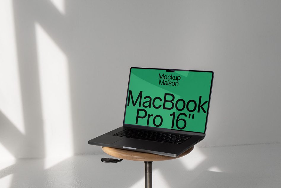 Laptop mockup on wood stand in natural light for showcasing design work. Ideal for designers to present digital assets, graphics, templates.