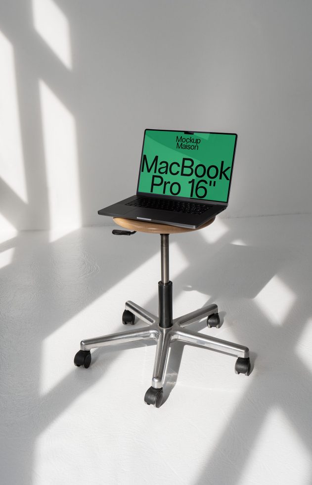 Laptop mockup on stand with dynamic shadow, modern MacBook Pro design presentation, digital asset for graphic designers, editable template.