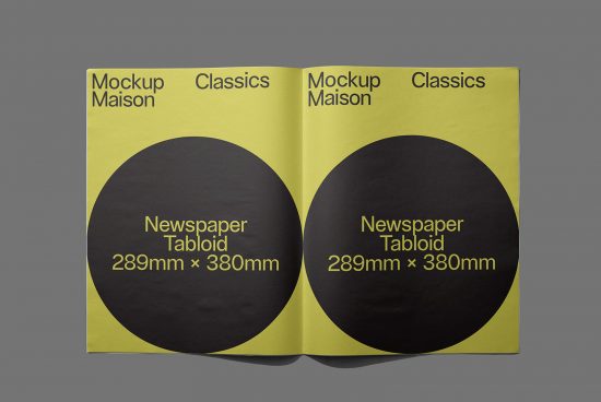 Open newspaper tabloid mockup spread on a flat surface with two visible pages each featuring a large black circle and mockup text.