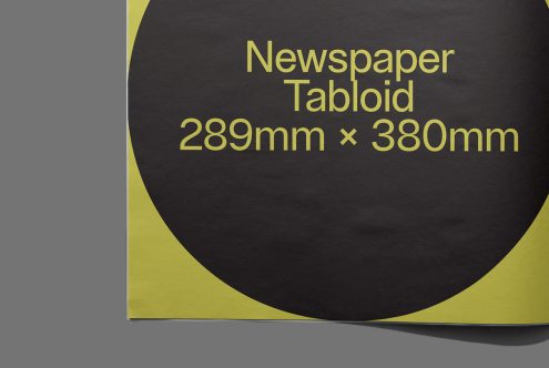 Mockup of a folded newspaper tabloid with dimensions 289mm by 380mm on a gray background, showcasing layout, fonts, and design space.