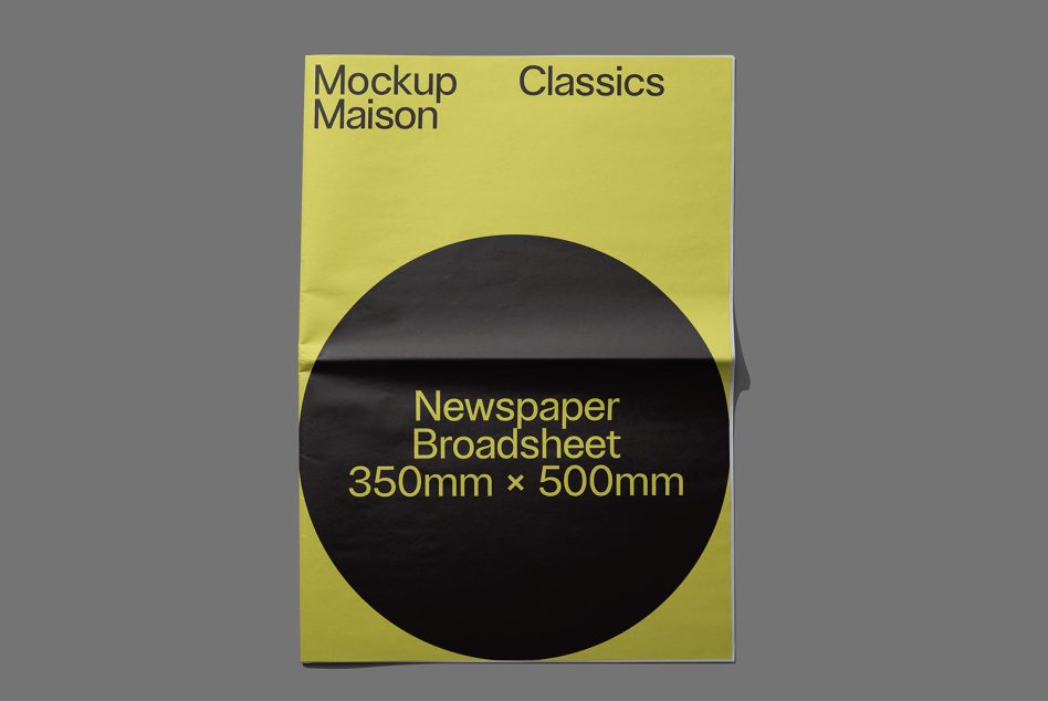 Yellow and black newspaper broadsheet mockup template for graphic design presentations, 350mm x 500mm, realistic shadows, editable layout.