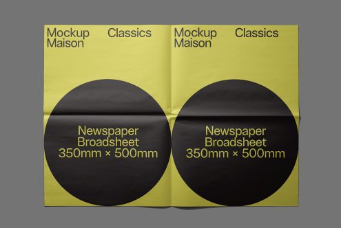 Newspaper mockup design template with yellow cover and black circles, showcasing dimensions 350mm x 500mm for graphic designers.