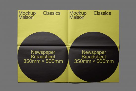 Newspaper mockup design template with yellow cover and black circles, showcasing dimensions 350mm x 500mm for graphic designers.