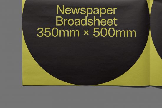 Newspaper Broadsheet mockup in black and lime, dimensions 350mm x 500mm, curled corner revealing color, design presentation, editable template.