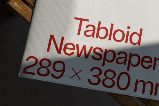 Close-up of a tabloid newspaper mockup design with red bold typography on white background, dimensions 289x380mm displayed, ideal for layout presentations.
