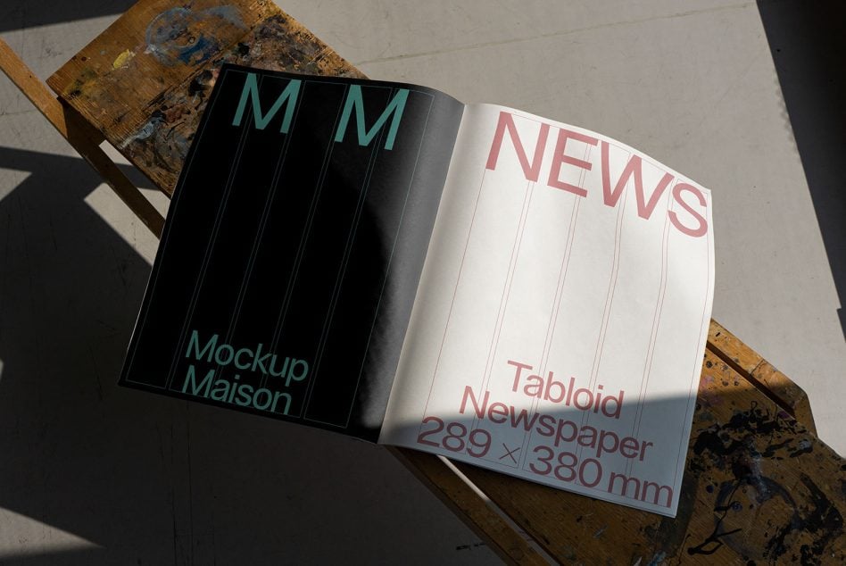 Two newspaper mockups side by side on wooden table with sunlight