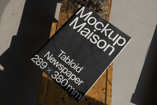 Mockup Maison tabloid newspaper template on wooden table with shadows for graphic design presentations, 289 x 380mm, realistic mockups category.