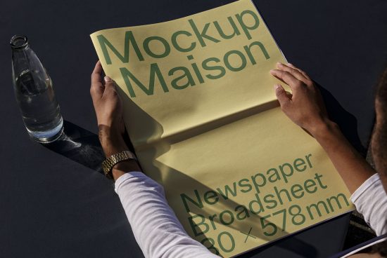 Person holding an open newspaper mockup titled Mockup Maison on a table with a glass bottle, ideal for design presentations.