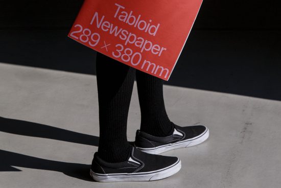 Person holding a red tabloid newspaper mockup in sunlight and shadows, showcasing a design space of 289 x 380mm for editorial graphics.