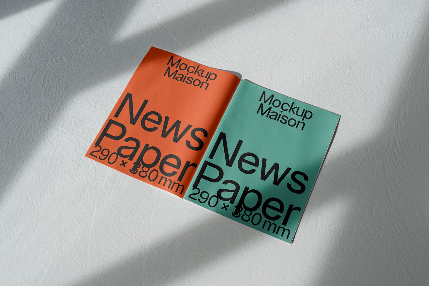 Two newspaper mockups with shadow overlay, teal and orange, showcasing print design, realistic texture, and dimensions label.