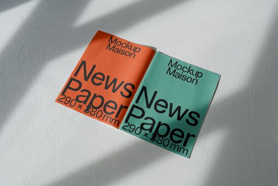 Two newspaper mockups with shadow overlay, teal and orange, showcasing print design, realistic texture, and dimensions label.
