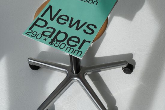 Realistic newspaper mockup on modern chair, showcasing design space and dimensions for editorial presentation, ideal for designers' portfolio.