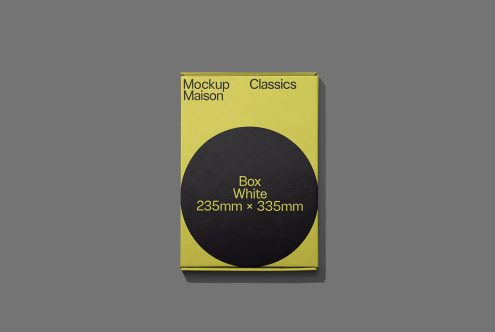 Yellow product box mockup with black circle design on gray background, 235mm x 335mm packaging, ideal for presentations and branding.