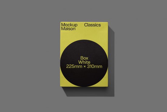 Elegant yellow book cover mockup with black circle design, 225mm x 310mm, realistic shadow overlay, suitable for presentation, display graphics.