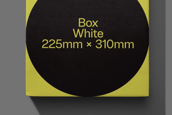 Black and yellow product box mockup with dimensions label, angled view, for packaging design presentation and portfolio display.