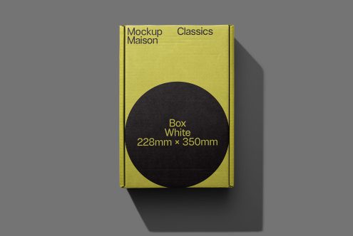 Book mockup with minimalist cover design in yellow and black, standing against a neutral background, perfect for presentations and portfolios.