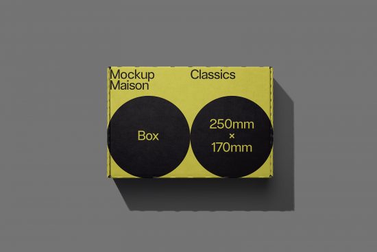 Yellow and black product box mockup with dimensions labeled, on a neutral background for designers, ideal for packaging design presentations.