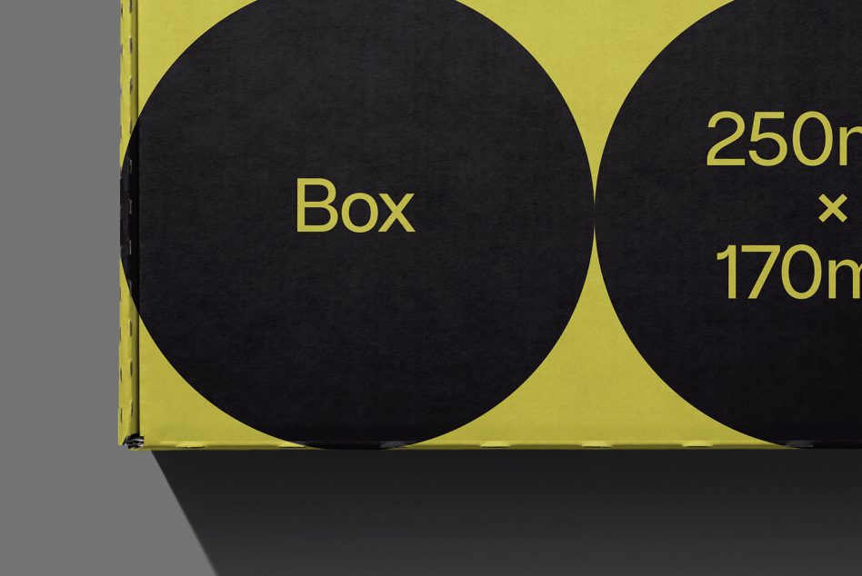 Yellow box with two large black circles showing dimension specs in gold text